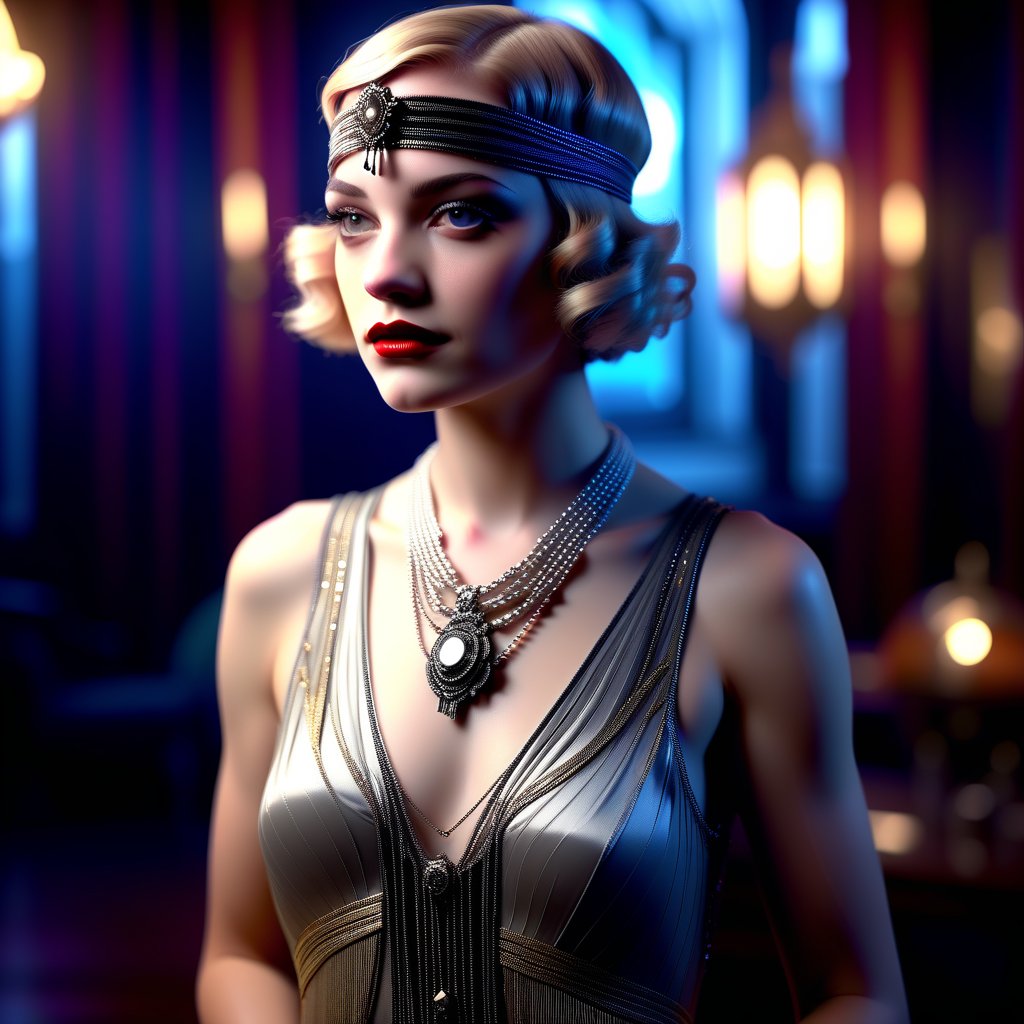 Photo realistic, mute colors, 20s style, flapper girl, art deco. cinematic lighting, smokey atmosphere, ethereal light, intricate details, extremely detailed, incredible details, full colored, complex details, hyper maximalist, gorgeous light and shadow, detailed decoration, detailed lines. masterpiece, best quality, HDR, UHD, unreal engine. looking at the camera,