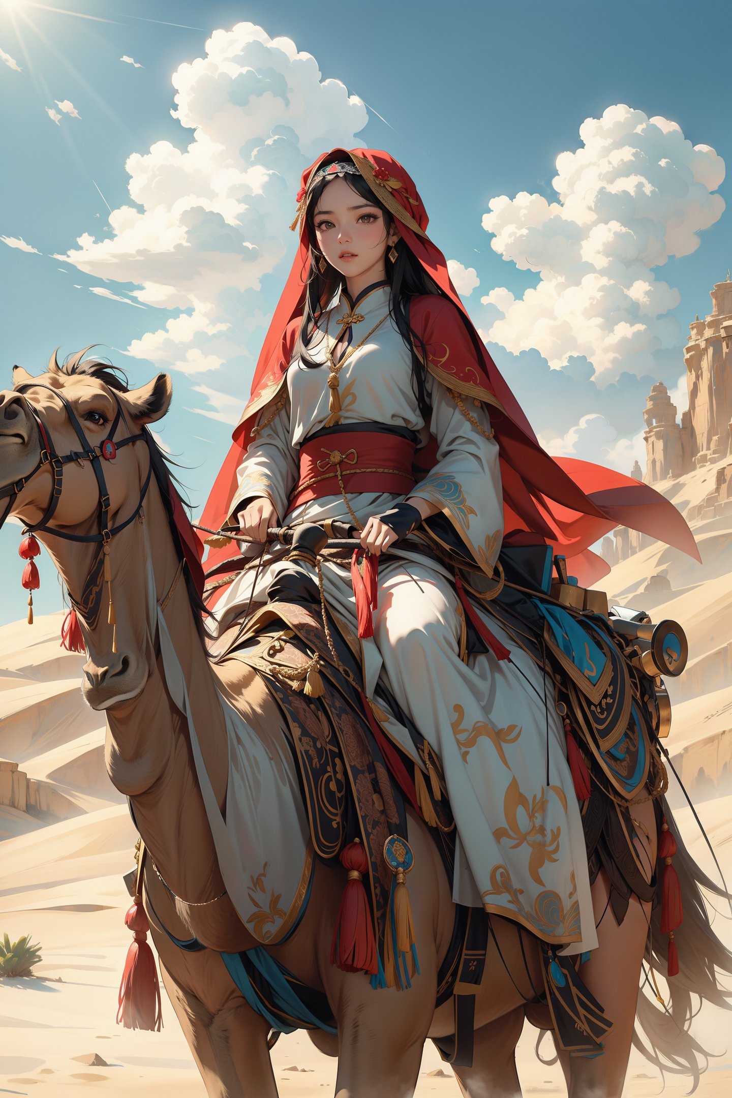 xuer riding camel, 1girl, desert, sky, day, cloud, solo, long hair, outdoors, black hair, veil, chinese clothes, jewelry,,<lora:绪儿-丝路 xuer riding camel:0.8>