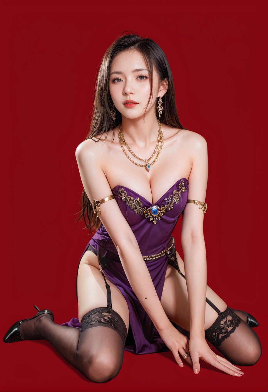 red background,1girl,solo,,ruanyi0761,garter belt,garter straps,gem,gold chain,jewelry,lace-trimmed legwear,purple dress,side slit,cleavage,strapless,armlet,all fours,full body,<lora:0761 Gem purple dress_v1_pony:1>, score_9,score_8_up,score_7_up,,8k,1girl,solo,