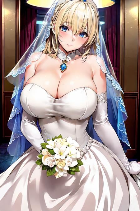 <lora:marushin_style_v1.2:0.8>,Marushin,atago \(kancolle\),blonde hair,long hair,hair intakes,wavy hair,braided chignon,blue eyes,1girl,solo,huge breasts,(busty:1.4),(milf:1.4),blush,(naughty face:1.2),(wedding dress,frilled dress,white dress,holding bouquet:1.2,cleavage,bursting breasts),bride,(white bridal gauntlets:1.2),(hotel lobby:1.4),looking at viewer,cowboy shot,, <lora:GoodHands-beta2:1.2>,nice hands,(masterpiece,top quality,best quality,official art,beautiful and aesthetic:1.2),extreme detailed,intricate details,highest detailed,cinematic lighting,volumetric lighting,aesthetic,award-winning cg illustration,atmospheric,colorful,highest detailed,(detailed and beautiful body,detailed and beautiful girl:1.2,detailed and beautiful hands:1.2,perfect human body,detailed and beautiful background)