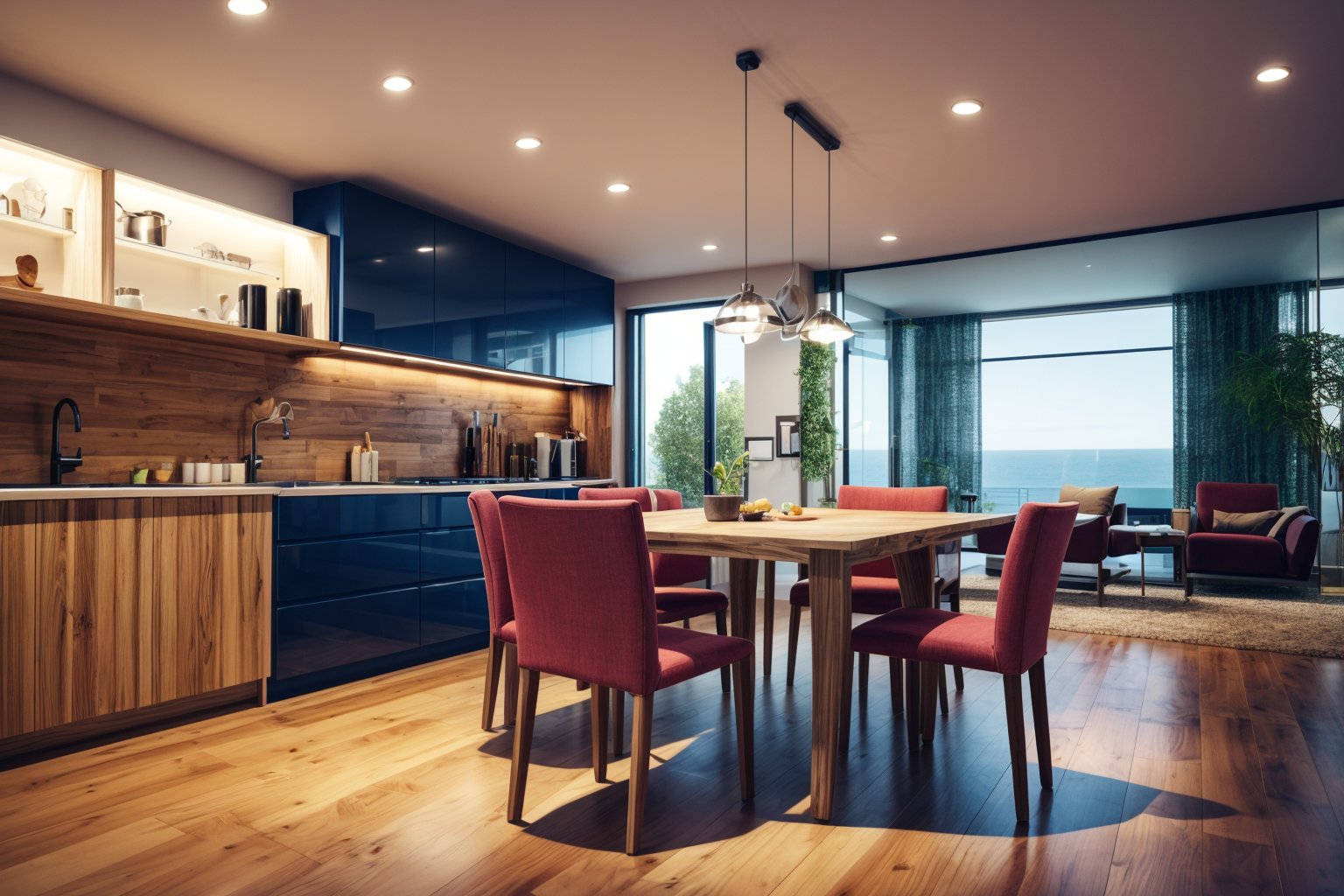 interior,a kitchen with a table and chairs and a wine rack in the middle of the room with a window,Dahlov Ipcar,vray render,a 3D render,photorealism,food,indoors,no humans,window,chair,table,plant,scenery,plate,shelf,kitchen,frying pan,sink,stove,Dive into the ultra-detailed 8k masterpiece,carefully crafted with photorealistic precision of 1.37 ratio,all in the essence of Nayuta Nordic Modern Interior Design. Art form: Photography. Inspired by the techniques of Annie Leibovitz,the kitchen showcases professional lighting,a scenery where the play of radiosity brightens the room. A stove with a frying pan,a gleaming refrigerator beside tiles and cabinet,a sink with a faucet overlooking a tile wall. On the shelf,there's a spatula,a chair nearby with a plant and some food in a jar. Lens:35mm. The room basks in a warm color temperature. Perfectly illuminated with ray tracing and the best shadows using physically-based rendering,<lora:add_detail:0.5>,<lora:more_details:0.5>,