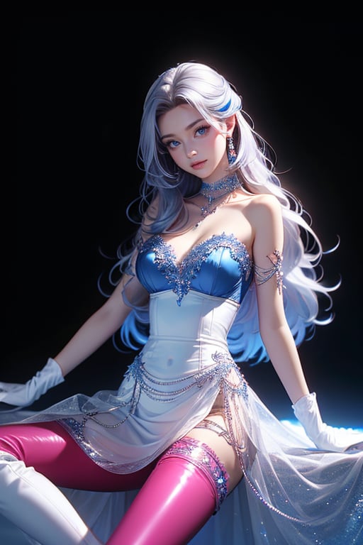 laugh,  photorealistic,  photo with black background,  high resolution,  1 woman,  shiny skin,  alone,  pink lips,  long silver hair,  ((blue eyes)),  smile looking at the photographer,  4k,  ph mai,  HD,  dominatrix,  white top attire,  thigh boots,  pantyhose,  long glove,  expensive jewelries,  elegant expression,  milf, Sparkly dress,<lora:EMS-11331-EMS:-1.000000>,<lora:EMS-257739-EMS:0.800000>