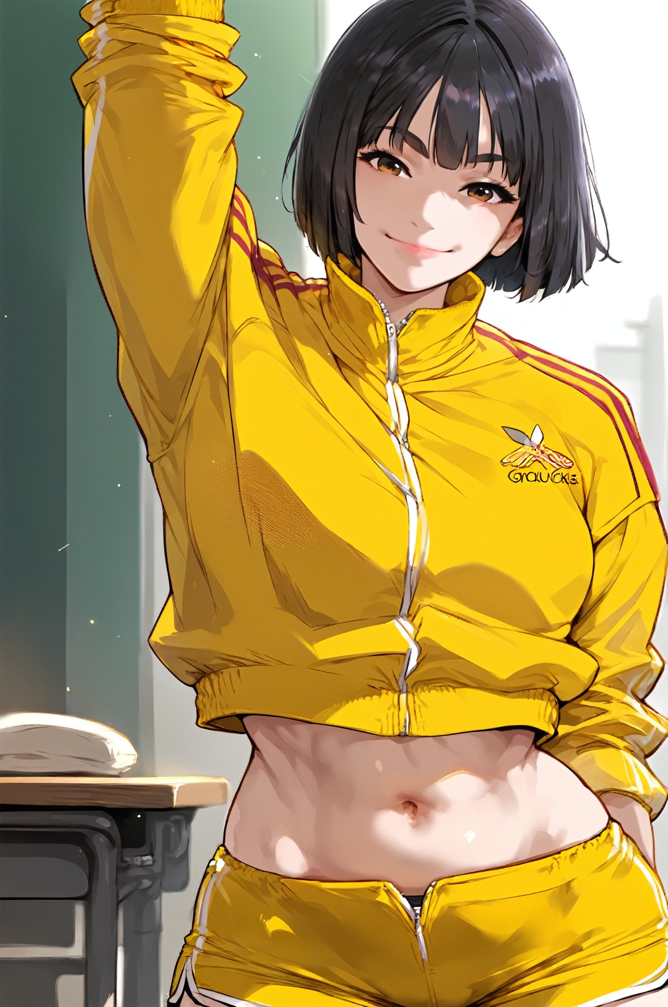 score_9, score_8_up, score_7_up, Expressiveh, 1girl, GaeulVH, pale skin, cowboy shot, bob cut, short hair, black hair, brown eyes, female_solo, fully clothed, school background, jacket, track jacket, yellow jacket, unzipped jacket, open jacket, track shorts, glitter, mirham, EnimPny, smile, sharp focus, stretching, dutch_angle, head tilt, half-closed-eyes, crop jacket, cropped jacket, navel, toned,navel focus,shiny<lora:EMS-316625-EMS:0.800000>, <lora:EMS-349113-EMS:0.800000>, <lora:EMS-382392-EMS:0.800000>, <lora:EMS-379733-EMS:0.600000>, <lora:EMS-366813-EMS:0.800000>, <lora:EMS-259599-EMS:0.800000>