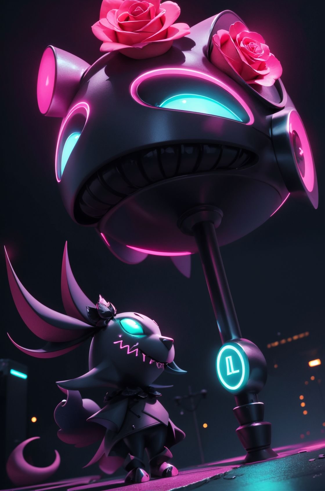 NJIP,3D,(a scary ugly rose-**** creation),cute female-monster,Surrealism Dream Style,Glowing neon color,neon light,low angle shot,highly detailed,ultra-high resolutions,32K UHD,best quality,masterpiece,(kawaii,chibi:0.5),