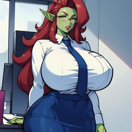 <lora:MabelHillcrusher_UG_v4:0.8> MabelHillcrusher_UG, orcgirl, ((colored skin, green skin)), pointy ears, green eyes, glasses, red hair, long hair, huge breasts, thick thighs, office-lady, office, pencil skirt, white collared shirt, necktie, red lips