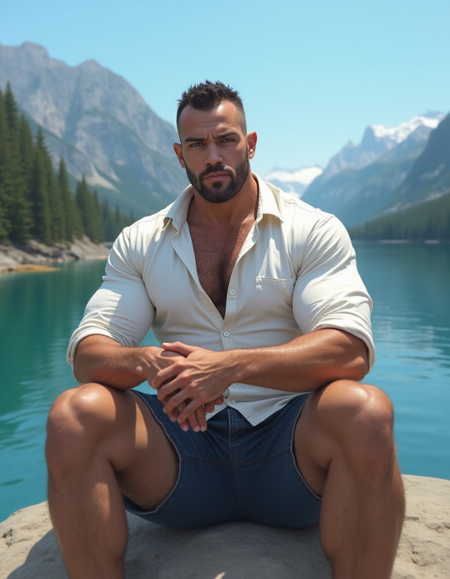 <lora:flux-cn2mjoe:1>2mjoe, \(masterpiece realistic:1.2\), best quality, masterpiece,2MJOE, The image shows a muscular man sitting on the edge of a lake with his legs spread apart. He is wearing a white button-down shirt and has a beard and mustache. His body is toned and muscular, and he is looking directly at the camera with a serious expression on his face. The lake is surrounded by mountains and trees, and the sky is blue and clear. The man appears to be relaxed and comfortable, with his hands resting on his chest and his legs slightly bent at the knees