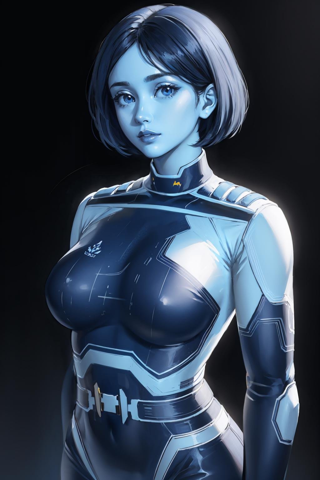 masterpiece, best quality, <lora:theweapon-nvwls-v1-000009:0.9> thewpn, blue skin, blue bodysuit, large breasts, upper body, looking at viewer, glowing, science fiction, black background, science fiction