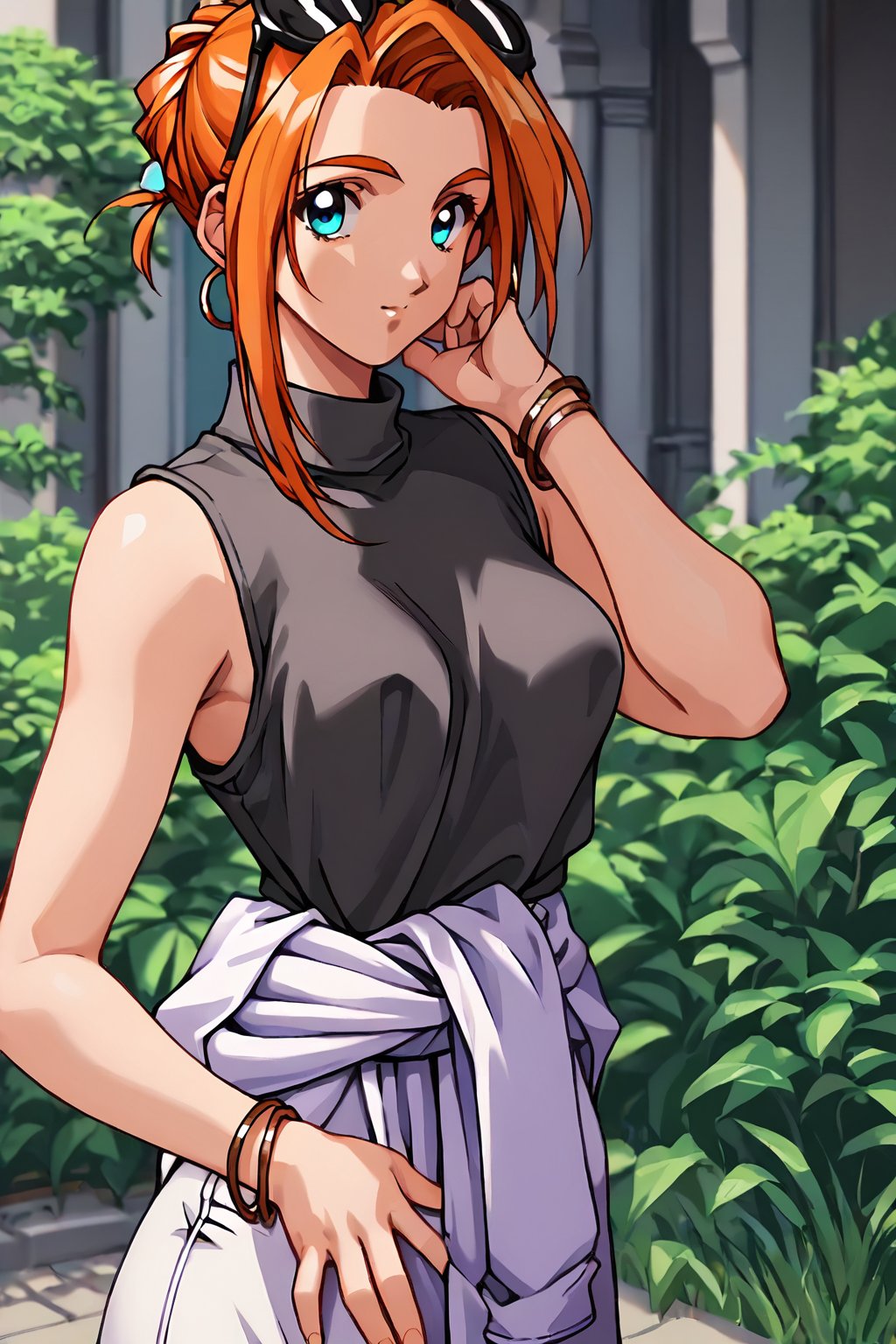 score_9, score_8_up, score_7_up, score_6_up, score_5_up, score_4_up, source_anime,kanou makoto, makoto_orange, orange hair,1girl, solo, blue eyes, sleeveless, jewelry, eyewear on head, bracelet, sunglasses, earrings, hand on own hip, looking at viewer, updo, cowboy shot, clothes around waist, hair bun, sleeveless shirt, turtleneck, shirt,masterpiece, perfect face, best quality, beautiful girl, blurry background, cute girl, beautiful eyes, shiny eyes, anime coloring, anime screencap, absurdres, <lora:akiyama midori anyt 905:0.8>