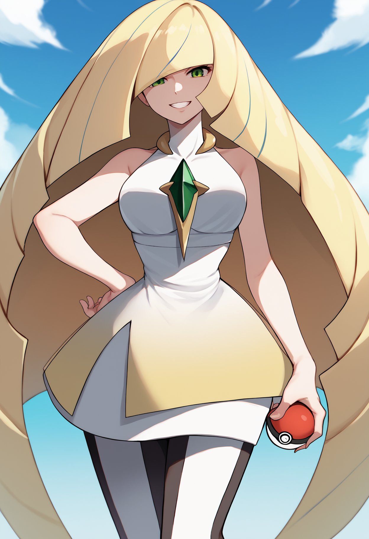 score_9, score_8_up, score_7_up, source_anime BREAK 1girl, solo, <lora:lusamine-pokemon-richy-v1_pdxl:1> lsmndef, green eyes, blonde hair, very long hair, bangs, hair over one eye, chest jewel, white dress, sleeveless, leggings, poke ball, holding poke ball, blue sky, looking at viewer, grin, smile, thighs, narrow waist, hand on hip, maternal, motherly