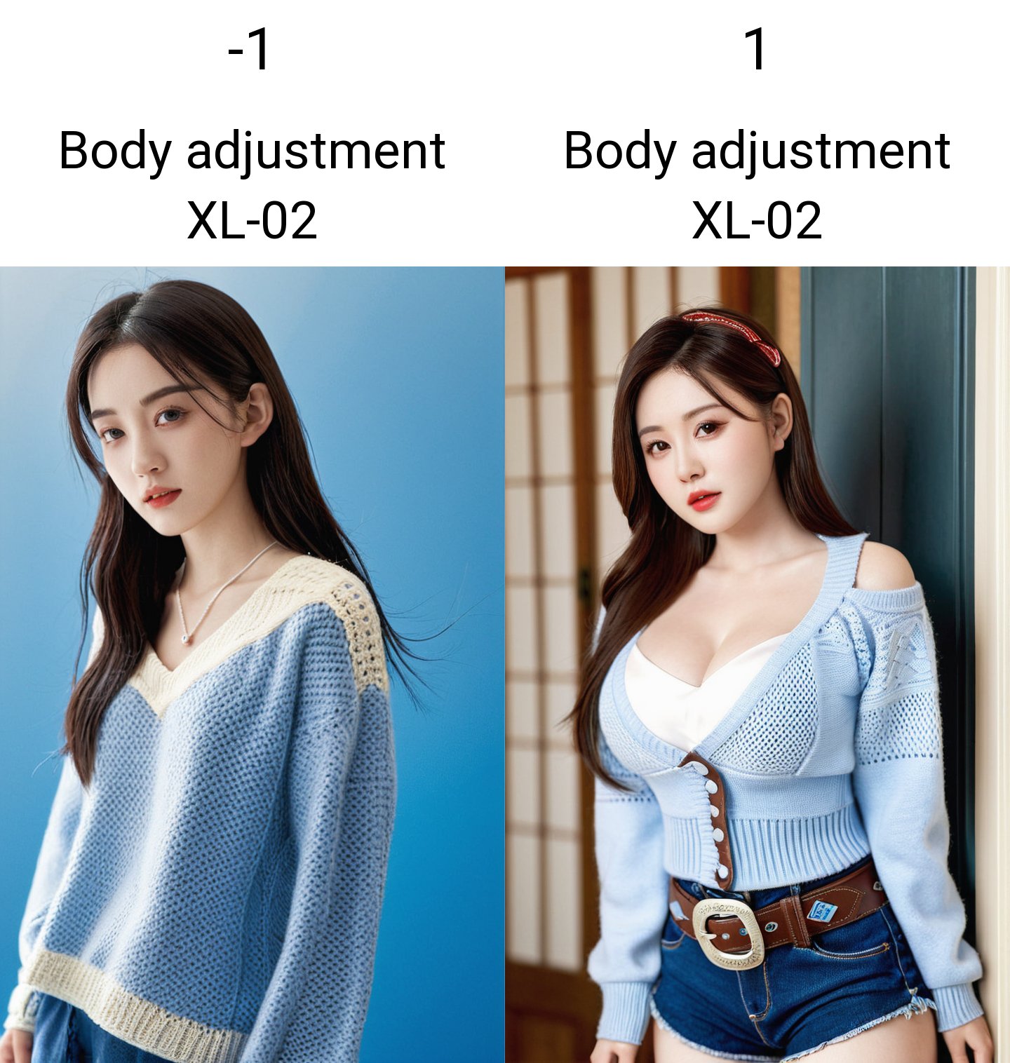 (masterpiece, best quality:1.4),finely detailed,1girl,solo,pale skin,standing,asian,(cowboy_shot:1.2), <lora:Body adjustment XL-02:-1>,Sweater