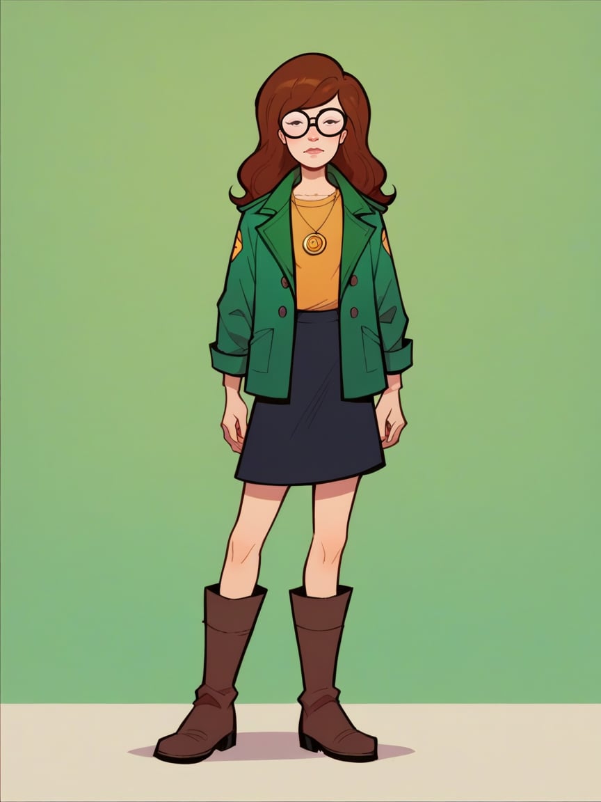 score_9, score_8_up, score_7_up, score_6_up, score_5_up,  <lora:DariaXLP:1> daria, 1girl, brown hair, glasses, green jacket, black skirt, boots