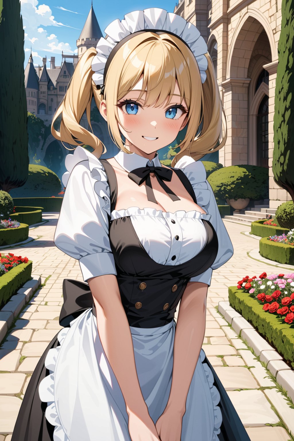 (best quality, absurdres, highres, ultra detailed,sharp forcus:1.4),from front view,snapshot,1girl,anime cute face, sexy body, perky large breasts, blonde short twintails hair,ice blue eyes, (tareme), kindly (shy smile),;D, (edwardian maid costume:1.1),(maid headdress),no holding,flower blooming castle garden scape, (photoreal background), outdoor