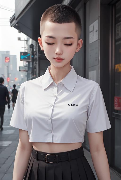 masterpiece,best quality,upper body,1girl,collared_shirt and flared_skirt as material3,色彩,cyberpunk,cropped,buzz cut,small breasts,bruised eye,eyes closed,breast awe