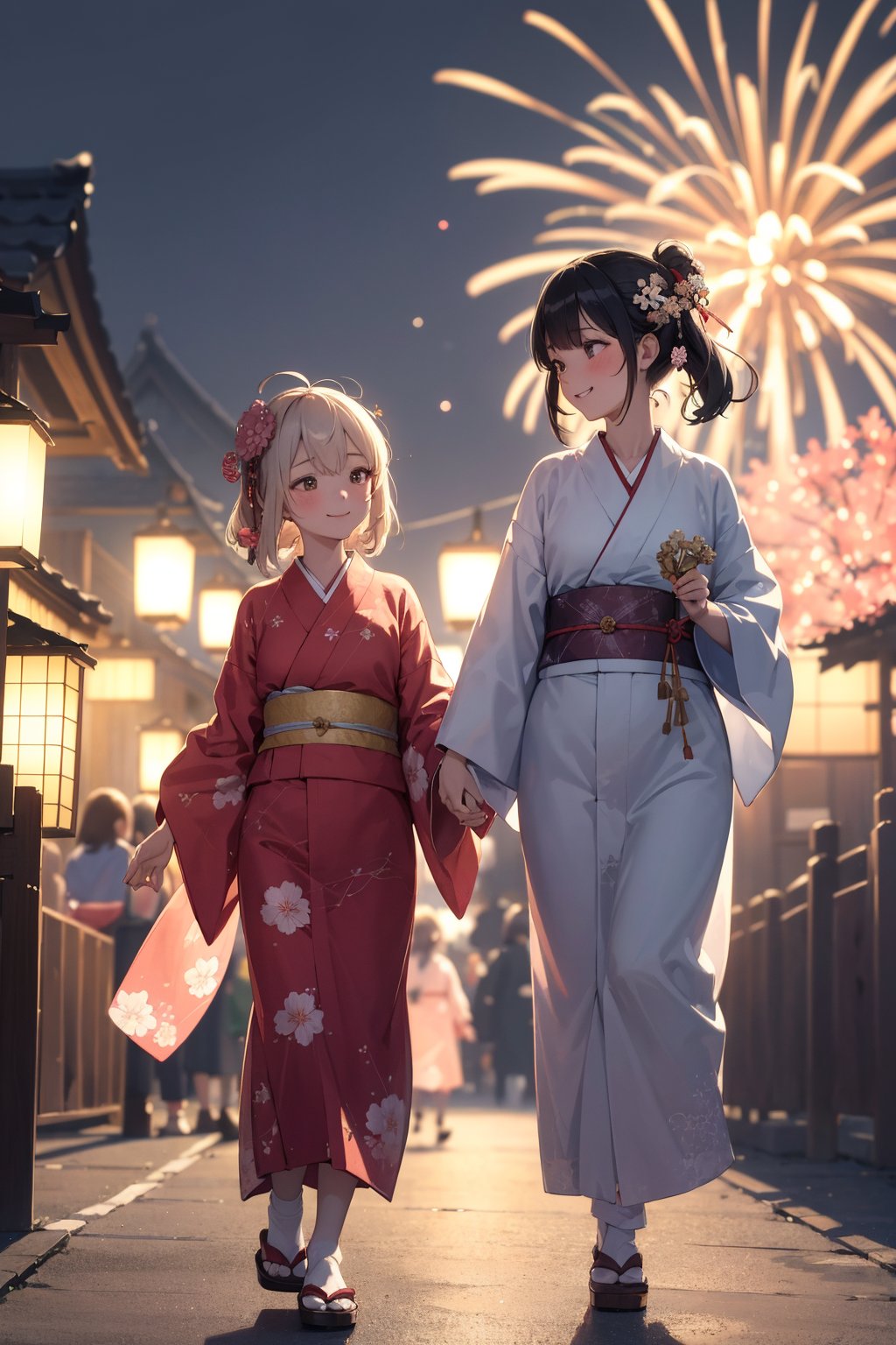 ((masterpiece)), ((best quality)), 8k, soft lighting, warm lighting, absurdres,Portrait of cute (2girls) wearing beautiful ornately detailed yukatas clothing walking together side by side in a Japanese festival at night smiling with fireworks in the sky