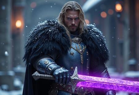 cinematic shot of a male winter knight, wearing shiny armor with black fur around his shoulders, holding a purple glowing sword in an epic attacking pose, winter tavern in background, snowing, dark, hkstyle, super realistic, style of epic cinematic, amazing quality