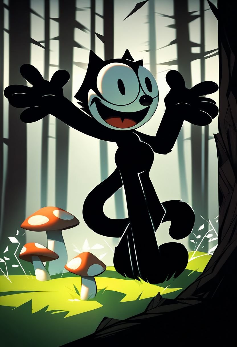 Score_9, score_8_up, score_7_up,score_6_up, score_5_up, score_4_up, source_cartoon, rating_safe, (Felixcat:1.3), portrait, happy, forest,mushroom bigger,trees, amazing cartoon ilustration, masterpiece , big lines,2D,detailed background, 8k, 35mm, realistic city