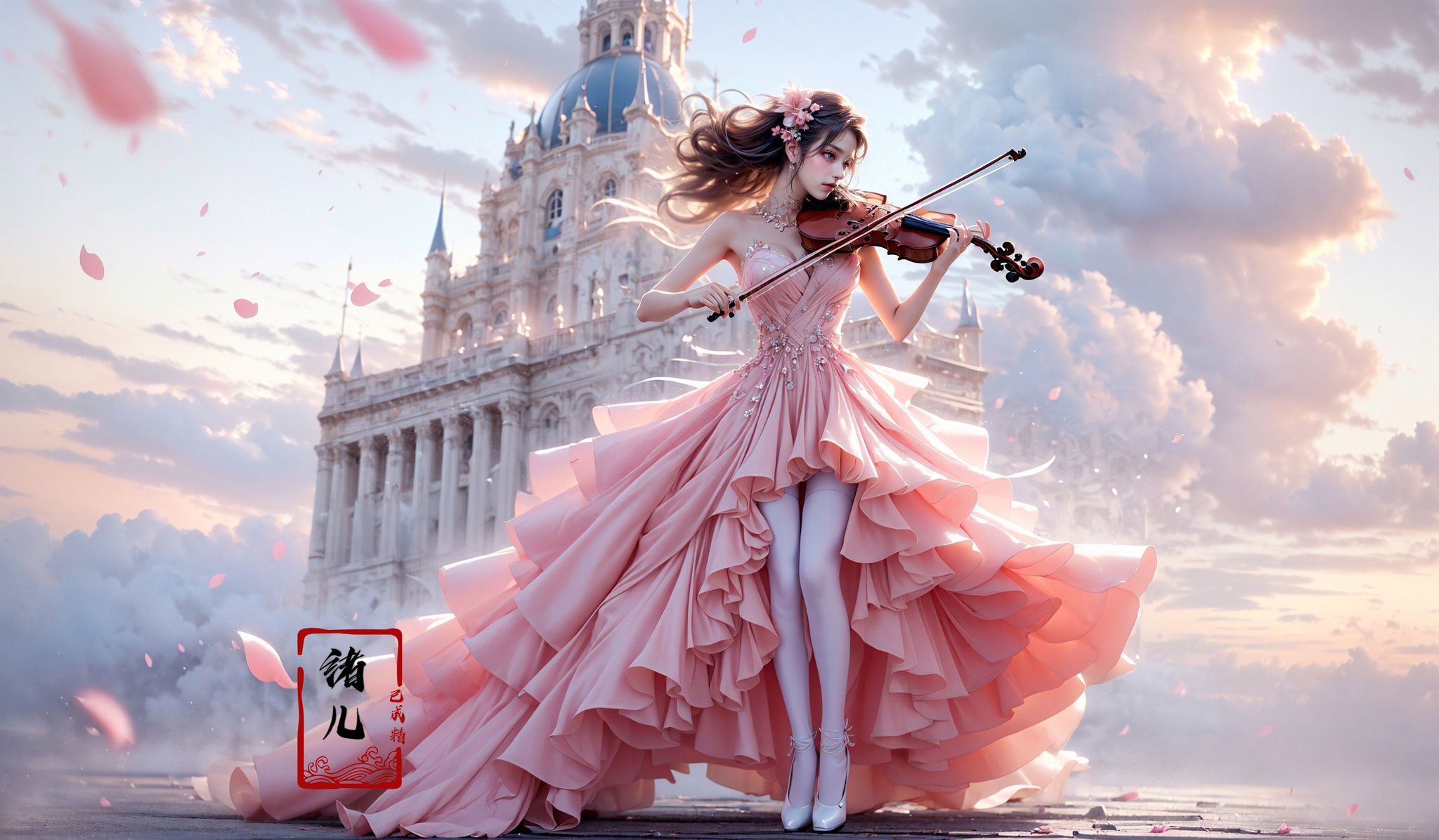 (A girl in a dress is in the air:1.4), playing a violin, (wide shot, wide-angle lens,Panoramic:1.2),super vista, super wide Angle，Low Angle shooting, super wide lens,violin，bare shoulders，petals，(pink dress:1.2)，from below，blurry foreground，(full body:1.5), (white  silk stockings:1.3)，<lora:绪儿-小提琴 violin:0.8>