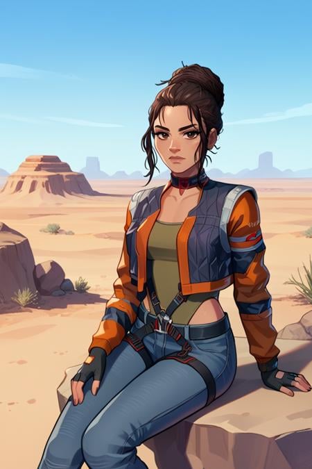 score_9, score_8_up, score_7_up, BREAK, 1girl, solo,  <lora:panampalmer-guy-PONYv1:1>, panampalmer, dark skin, single hair bun, choker, fingerless gloves, cropped jacket, jeans, leotard, belt, desert, rock, sitting, leg up, looking at viewer, 