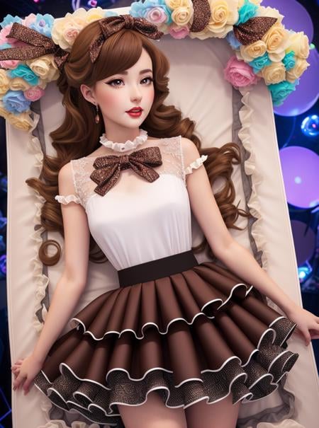 beautiful woman wearing a chocolate brown (idol dress) <lora:idol_dress-2.0:0.8>,layered skirt, frills, ribbon, bow, sequins, seductive, reclining, skirt lift,The Mystery Machine