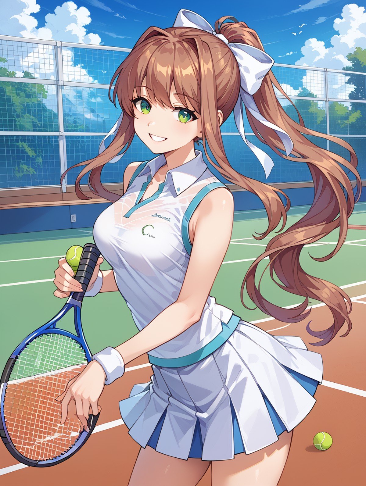 score_9, score_8_up, score_7_up,source_anime,BREAK,Monika_Doki_doki_literature_club, ponytail, tennis uniform, tennis racket, smile, looking at viewer, <lora:Monika_Doki_doki_literature_club:1>