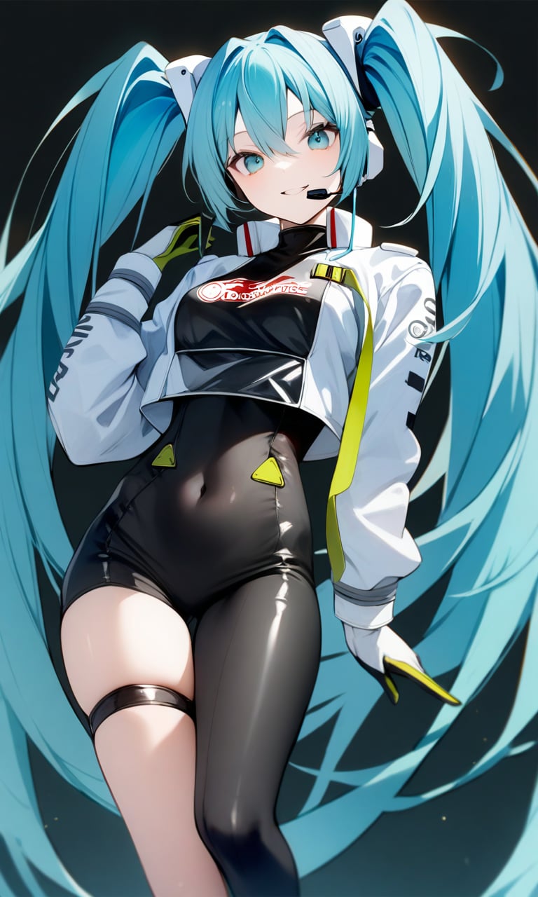 1girl, miku22, aqua eyes, aqua hair, black bodysuit, breasts, covered navel, cowboy shot, hatsune miku, headset, long hair, looking at viewer, race queen, skin tight, solo, thighhighs, twintails, very long hair, zipper, asymmetrical legwear, masterpiece, absurdres,<lora:RacingMiku2022_XL:1>