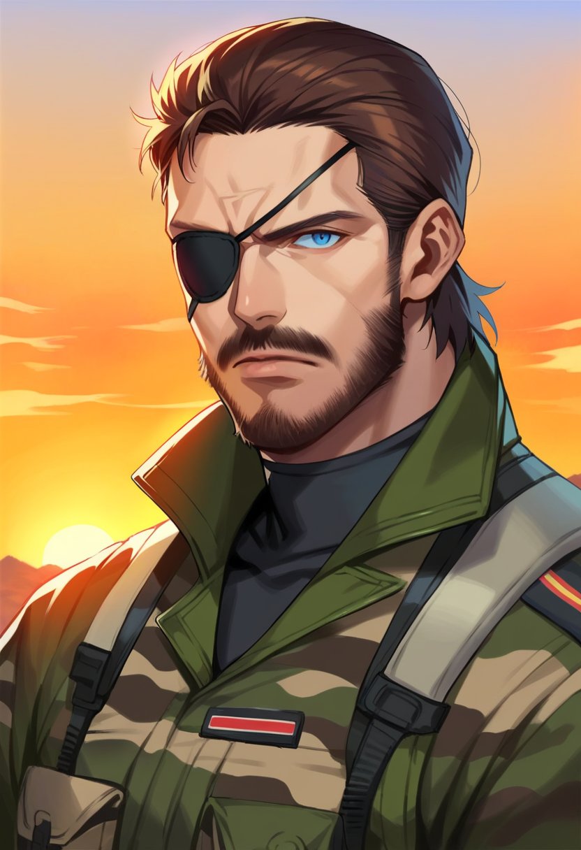 score_9, score_8_up, score_7_up, score_6_up, score_5_up, score_4_up, rating_safe,BREAK, source_anime,  big boss, naked snake, 1boy, metal gear,  left eyepatch, serious, detailed concept art, scary,blue eyes, looking at viewer, solo, facial hair, beard, brown hair, mustache, upper body,  camo, uniform fatigues, outdoors, sunset, recon <lora:big_boss_v1:0.95>