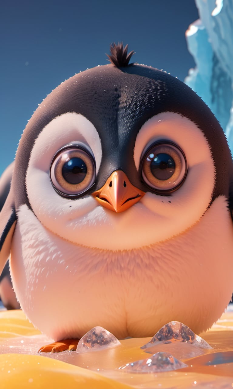 penguin with  <lora:bigeyes-v2_16x8-4x1:1> big eyes, anime eyes, standing on iceberg, subsurface scattering, ultra hd, 4k, high def, Photorealistic, Hyperrealistic, Hyper detailed, analog style, realistic, masterpiece, best quality, ultra realistic, 8k, Intricate, High Detail, film photography, soft lighting,  heavy shadow