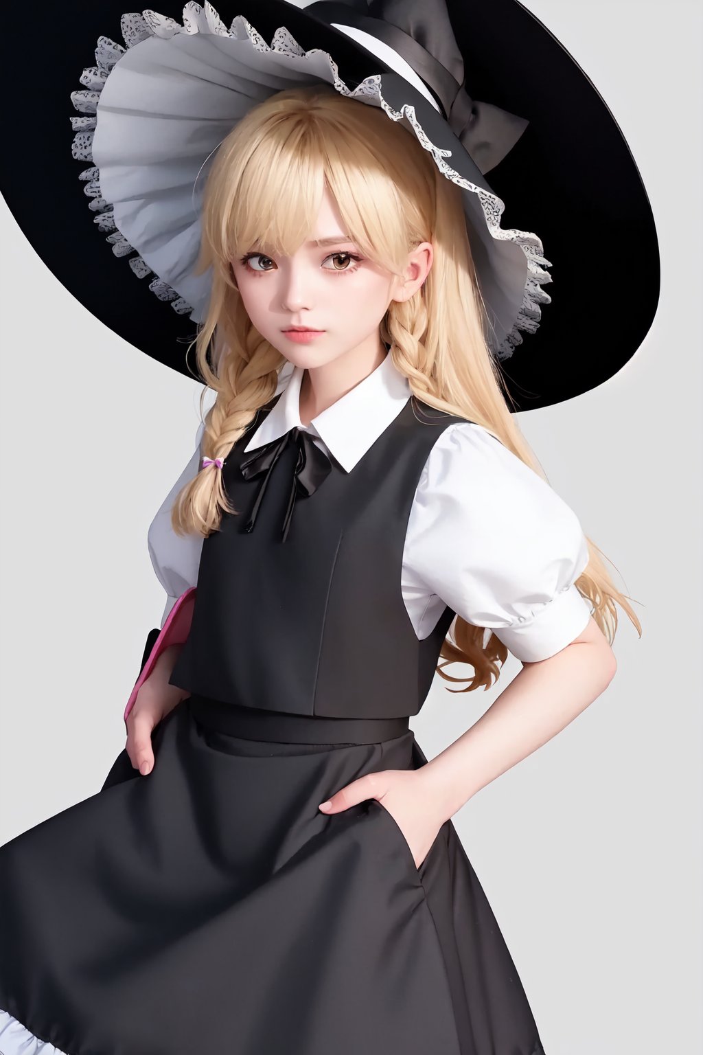 kirisame_marisa,witch_hat,waist_apron,puffy_short_sleeves,single_braid,hair_bow,black_skirt,frills,black_vest,white_shirt,black_headwear,solo,looking_at_viewer,hat_bow,blush,1girl,white_bow<lora:kirisame_marisa:1>,simple background,white backgroundmasterpiece,best quality, highly detailed, 