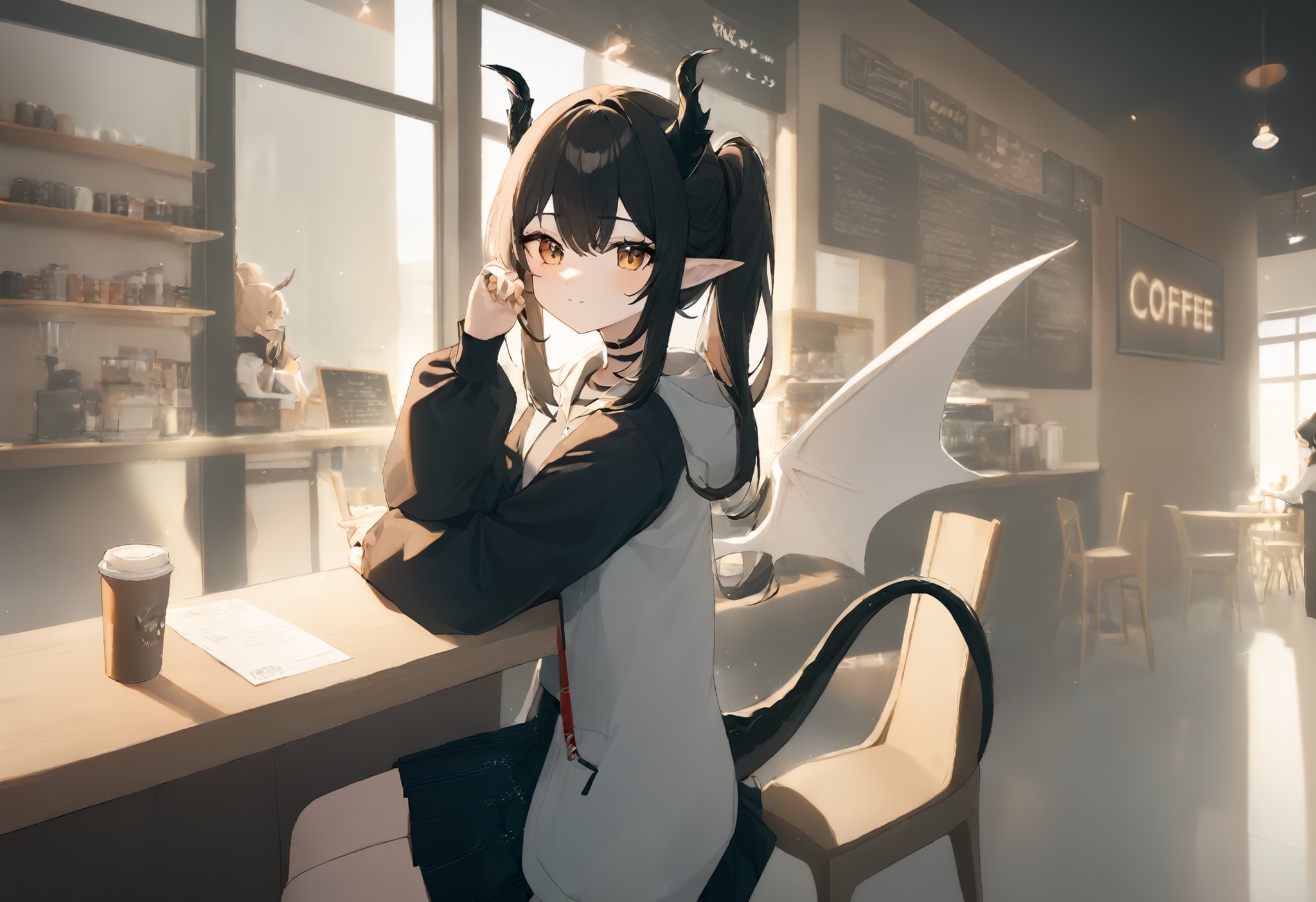 1girl, long hair, side ponytail, solo, pointy ears, window, sunlight,A charming and attractive young girl, adorned with a pair of delicate dragon wings and a sleek dragon tail, is seated comfortably in a seat within the cozy atmosphere of a bustling coffee shop. She is dressed in a trendy and stylish outfit consisting of a fashionable jacket, a comfortable T-shirt, and a graceful skirt, exuding a sense of confidence and fashion-forwardness. As she sits surrounded by the lively atmosphere of the coffee shop, one can't help but be struck by her unique and captivating appearance.dragon tail, dragon horns.masterpiece, best quality, absurdres, recent, newest, safe, sensitive