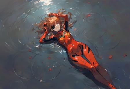 ciloranko, 1girl,water, submerged, from above, reflection, absurdres, souryuu asuka langley, neon genesis evangelion, rebuild of evangelion, plugsuit, pilot suit, red bodysuit, black eye patch, black background, outdoors, ripples, arms up