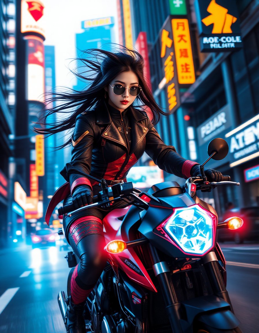 A dynamic scene of a girl riding a motorcycle in a cyberpunk setting, her hair flowing freely in the wind, emphasizing the speed of her ride. almost as if it were floating around her. She wears a sleek, futuristic glasses with a visor that reflects the neon lights of a bustling cityscape. Her outfit is a blend of leather and high-tech materials, featuring vibrant colors and intricate patterns that evoke the gritty yet vibrant atmosphere of a cyberpunk world. The motorcycle itself is a cutting-edge machine, with glowing accents and a streamlined design that suggests speed and power. As she rides through the neon-lit streets, the blurred lights create a dynamic backdrop, enhancing the sense of motion and adrenaline. The night sky above is filled with towering skyscrapers, illuminated by holographic advertisements and vibrant billboards, adding to the immersive cyberpunk environment. The overall mood is energetic and rebellious, capturing the spirit of freedom and adventure in a futuristic urban landscape  <lora:hinaFluxAsianMixLora-schnell_v2:0.9>