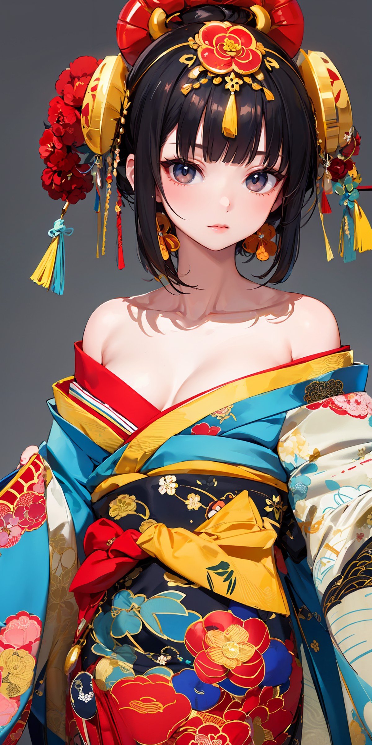 masterpiece,ultra-detailed,best quality,8K,illustration,cute face,clean skin ,shiny hair,girl,,simple background,cowboy shot, <lora:oiran_V1.0:0.8> oiran, hair ornament, japanese clothes, floral print,off shoulder