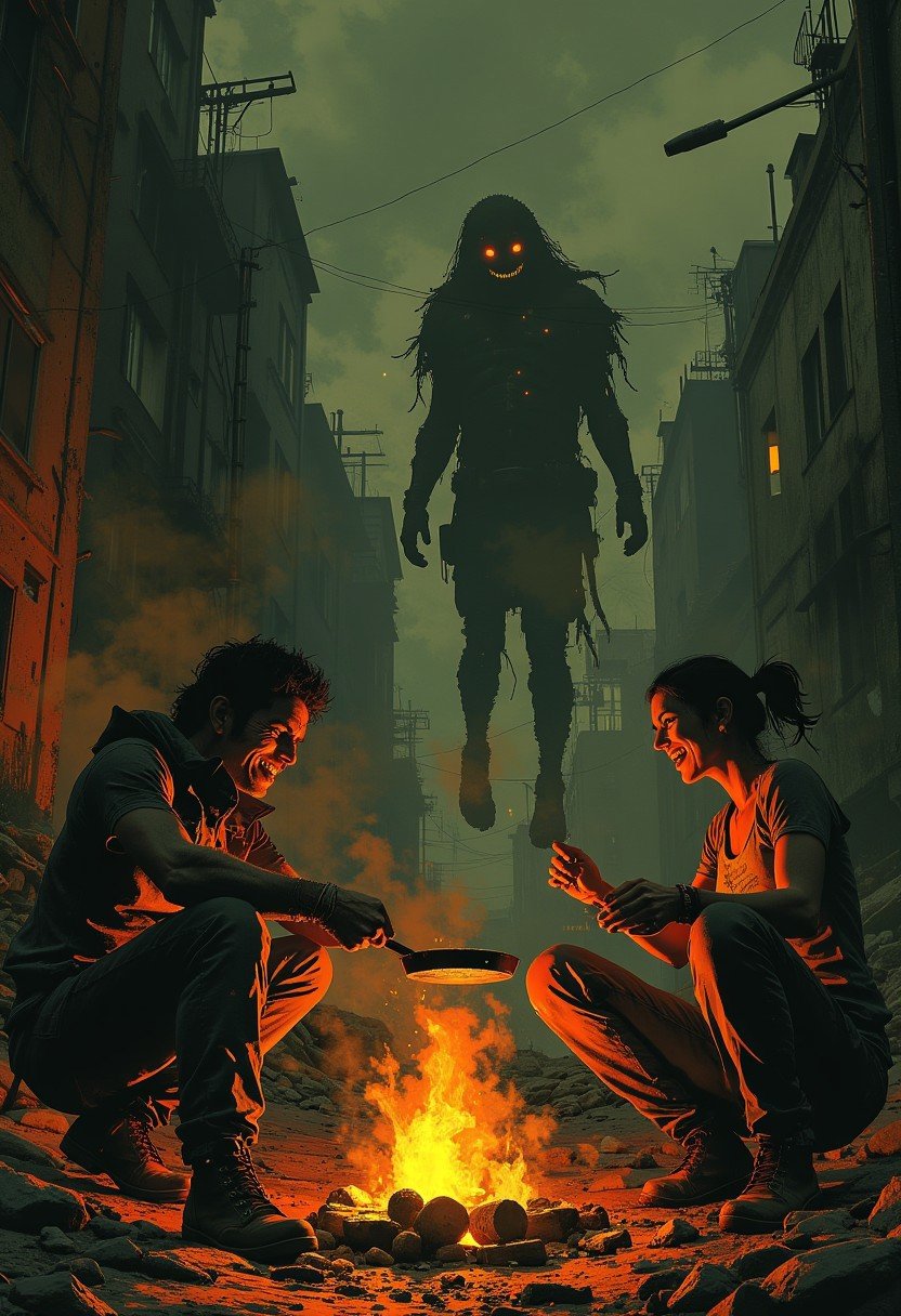 side view of a couple wearing ragged clothes sitting by a makeshift campfire in a post-apocalyptic city, one of them holds a frying pan over the fire and they are happily laughing, a shadowed monstrous creature with glowing eyes lurks in the background