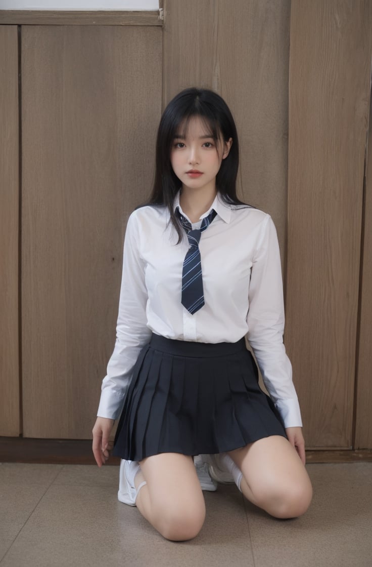 1girl,solo,black hair,necktie,skirt,kneeling,long hair,socks,looking at viewer,black footwear,realistic,school uniform,shirt,white socks,white shirt,shoes,  <lora:美女小姐姐跪着摄影:0.7>