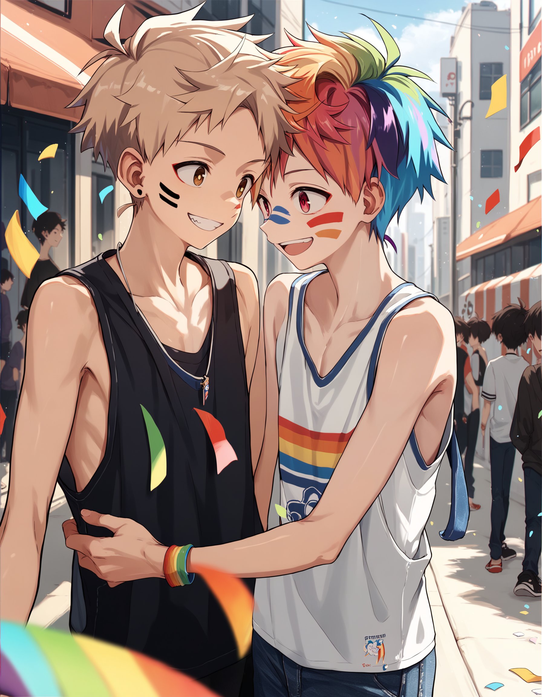 score_9, score_8_up, score_7_up, score_6_up, source_anime, outdoors, city street, dutch angle, 2boys, rainbow hair, face paint, eye contact, smile, tank top, rainbow flag, confetti, embrace <lora:koe-mixpi_AMXL_v2_ShoAI:0.95>