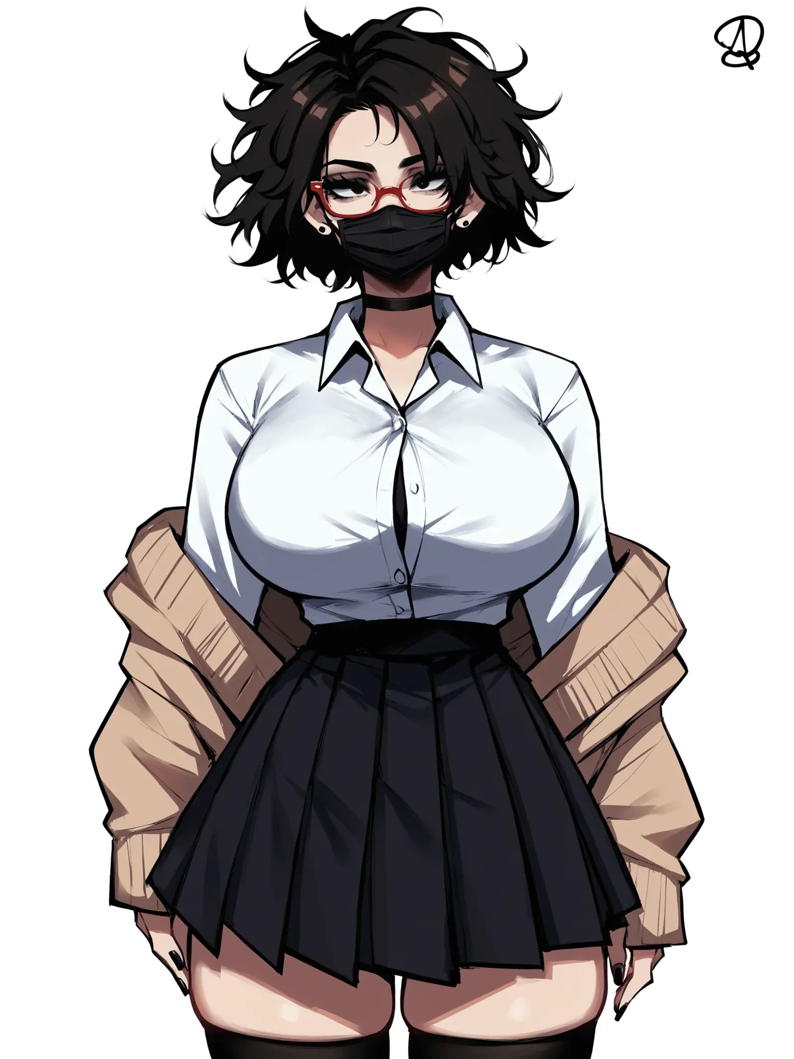 score_9, score_8_up, score_7_up, score_6_up, score_5_up, score_4_up,BREAK1girl, (black hair:1.2), bob cut, short hair, tomboy, black eyes, black mouth mask, long eyelashes, half-closed eyes, red-framed eyewear, black choker, messy hair, asymmetrical hair, adult, mature, black eyeliner, ear piercing,BREAKsolo, standing, huge breasts, adult, broad shoulders, tall, white collared shirt, long sleeves, light brown cardigan, open cardigan, black pleated skirt, black microskirt, black miniskirt, black thighhighs, shirt tucked in, black nails, skinny,BREAK(white background:1.2), simple background, <lora:Lunas-Almualim-SDXL-A1:1>