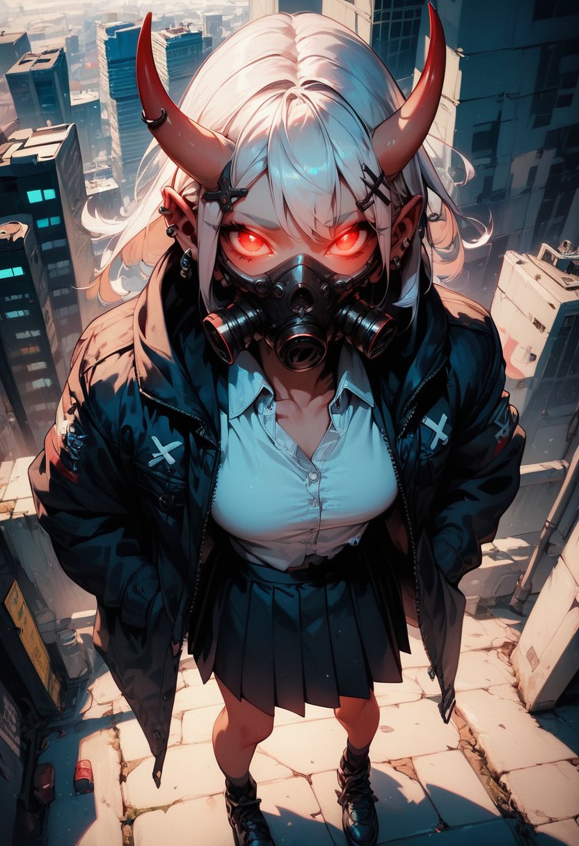 (score_9, score_8_up, score_7_up), zPDXL, 1girl, solo, looking at viewer, bangs, skirt, shirt, hair ornament, red eyes, jewelry, standing, jacket, white shirt, white hair, pleated skirt, earrings, open clothes, horns, shoes, hairclip, collared shirt, hood, black skirt, black footwear, english text, open jacket, black jacket, mask, glowing, from above, piercing, x hair ornament, building, ear piercing, glowing eyes, oni horns, oni, city, hands in pockets, cityscape, gas mask, respirator<lora:BioPunky:0.8>
