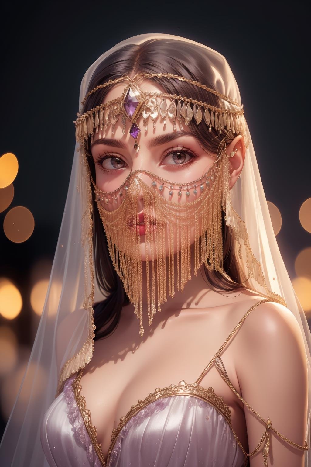 cinematic film still faceveilmask, (organza long mouth veil), [amethyst forehead jewel, headband], 1girl, solo, adult mature woman, age 30, high quality, best quality, highres, high detail, blurry foreground,atmospheric lighting, (satin wedding gown), <lora:chainveil:0.75>, textured skin,  . shallow depth of field, vignette, highly detailed, high budget, bokeh, cinemascope, moody, epic, gorgeous, film grain, grainy