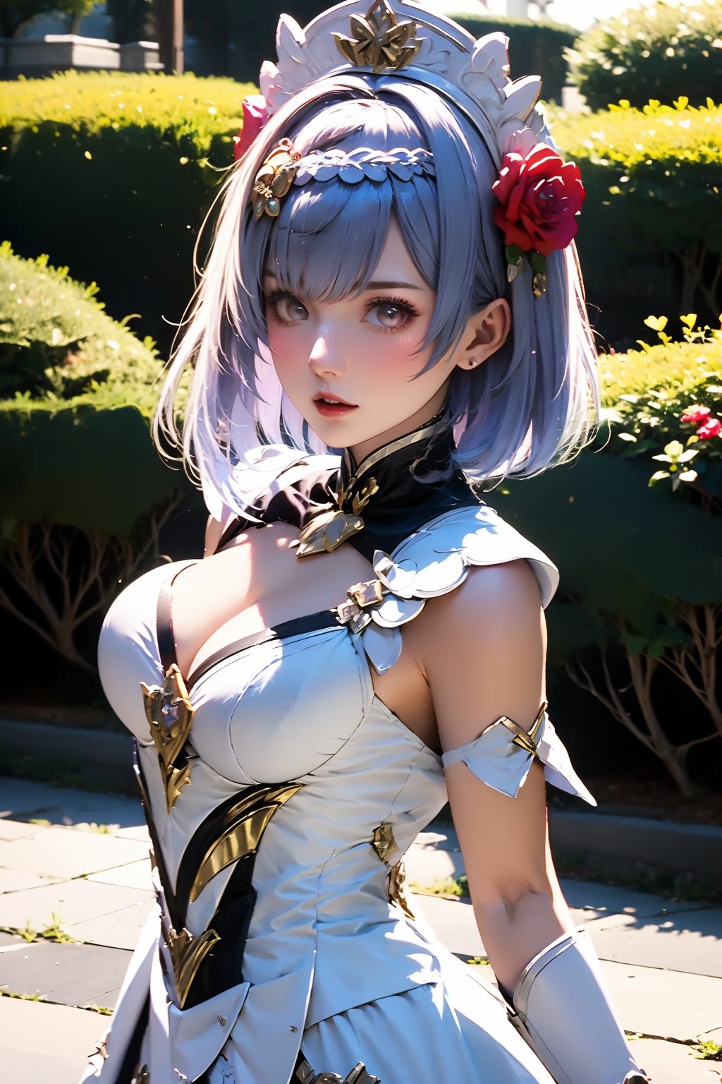 1girl, solo, noelle \(genshin impact\), breasts, looking at viewer, flower, hair ornament, cleavage, hair flower, short hair, grey hair, gloves, maid headdress, parted lips, armor, medium breasts, rose, braid, outdoors,