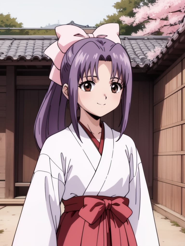 <lora:Koigakubo_Momoko:0.8>, koigakubomomoko, 1girl, soro, hair_bow, pink_bow,  long_hair, brown_eyes, purple_hair,  bangs,  ponytail, smile, cowboy Shot,japanese white clothes, miko, red hakama, shrine, cherry blossom, 2000s \(style\), anime, anime_screencap, animated gif, mp4 ,video, animated, 