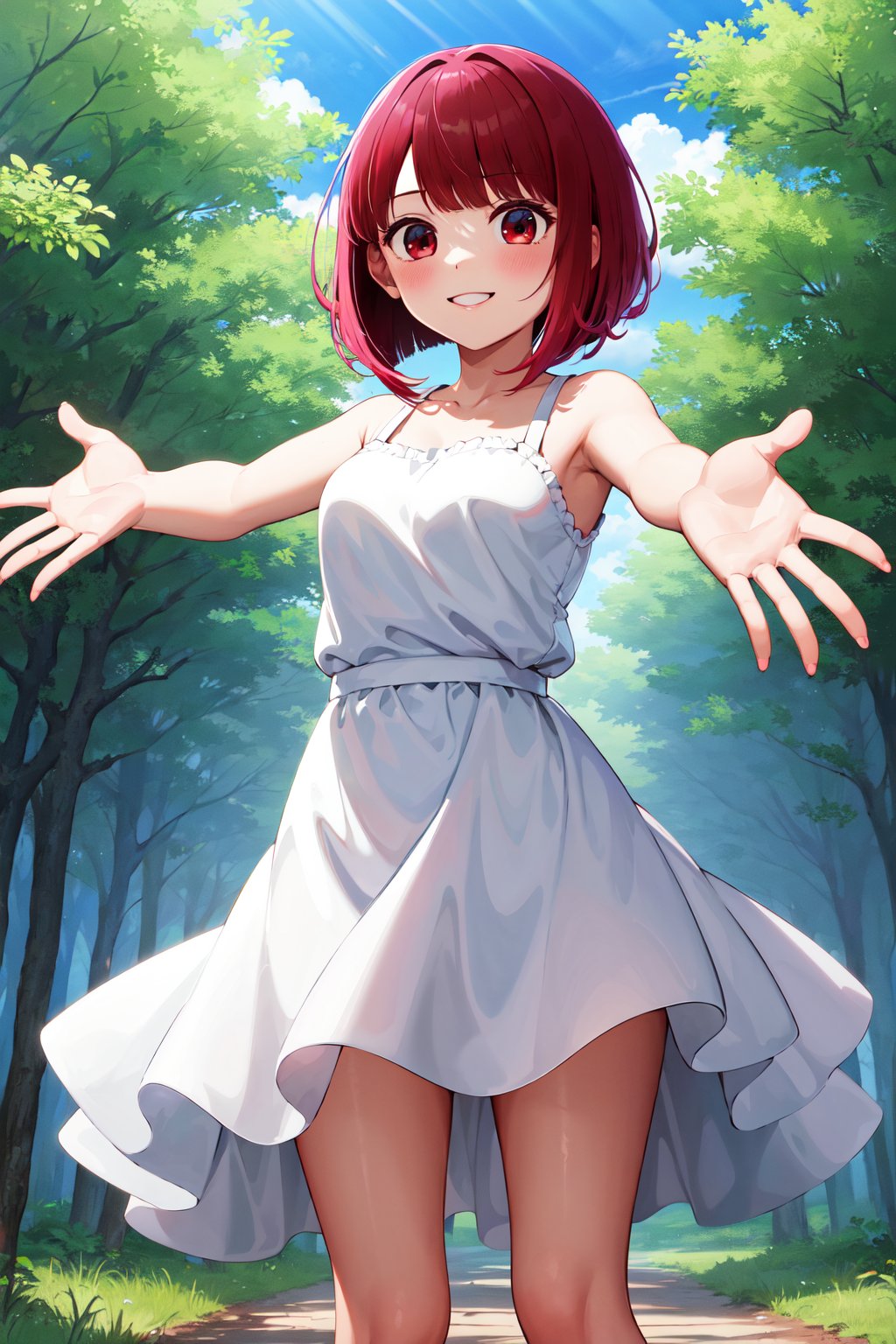 masterpiece, best quality, highres, aakana, short hair, red eyes, <lora:arima_kana_v1:0.7>, sundress, white dress, forest, smile, outstretched arms, 