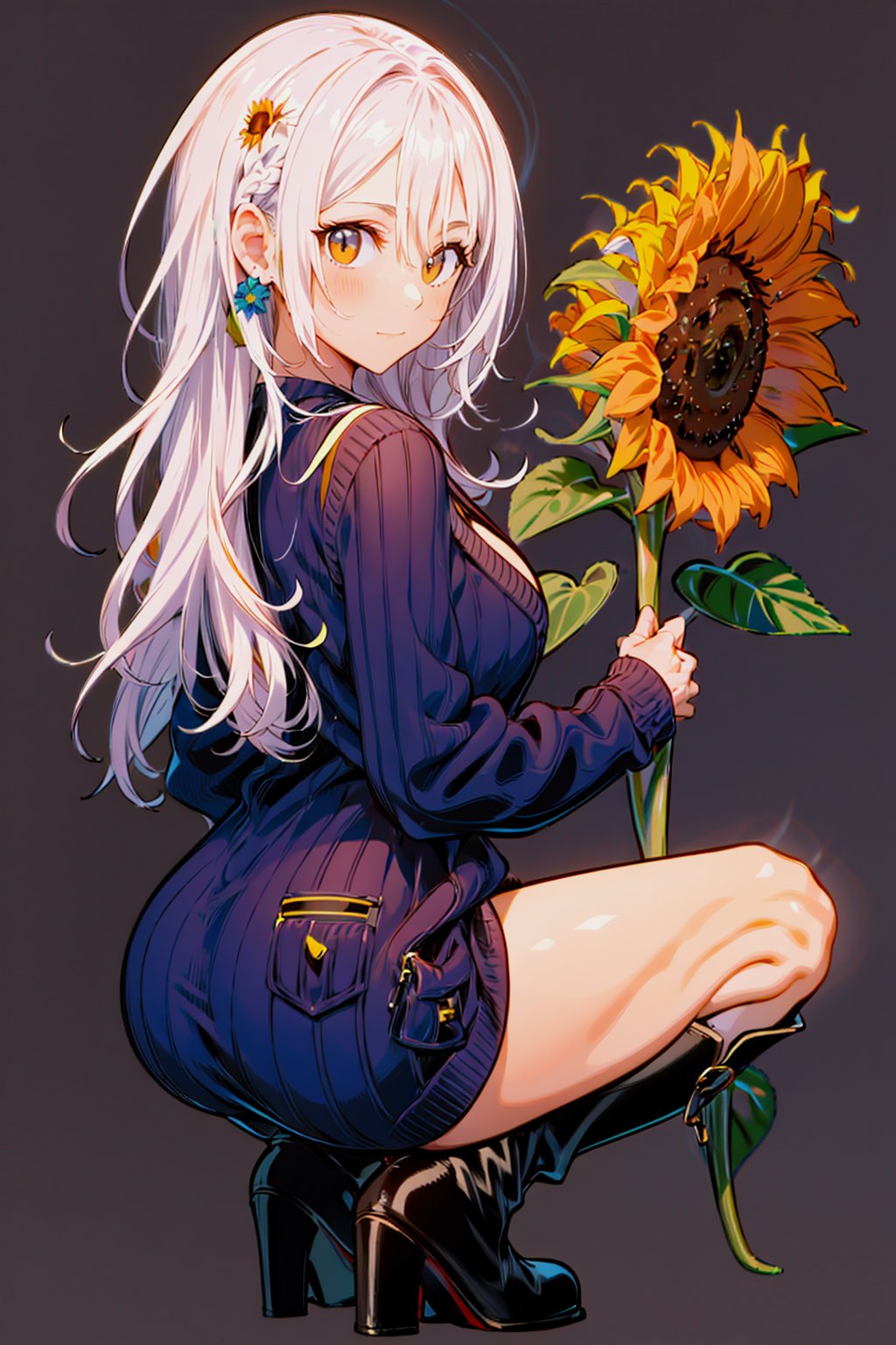 kawaii,cute,(1 girl,solo),((sunflower hair, long hair ,zinc eyes):1.2),close view ,from behind,looking at another ,((Sweater dress, knee-high boots ):1.1),large breast,squatting ,BREAK((simple background ):1.37),BREAK<lora:BlurConditioner_C:1>