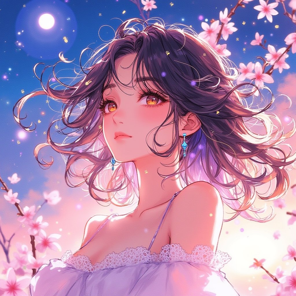 (masterpiece),(best quality),(ultra-detailed),(illustration),1girl,mixed-blood,stars in the eyes,cherry blossoms,messy floating hair,crystal earrings,colored inner hair,Starry sky adorns hair,(colorful Bubble),(pearl),(Galaxy),depth of field,upper body,lace-trimmed dress,<lora:zyc:0.8>,