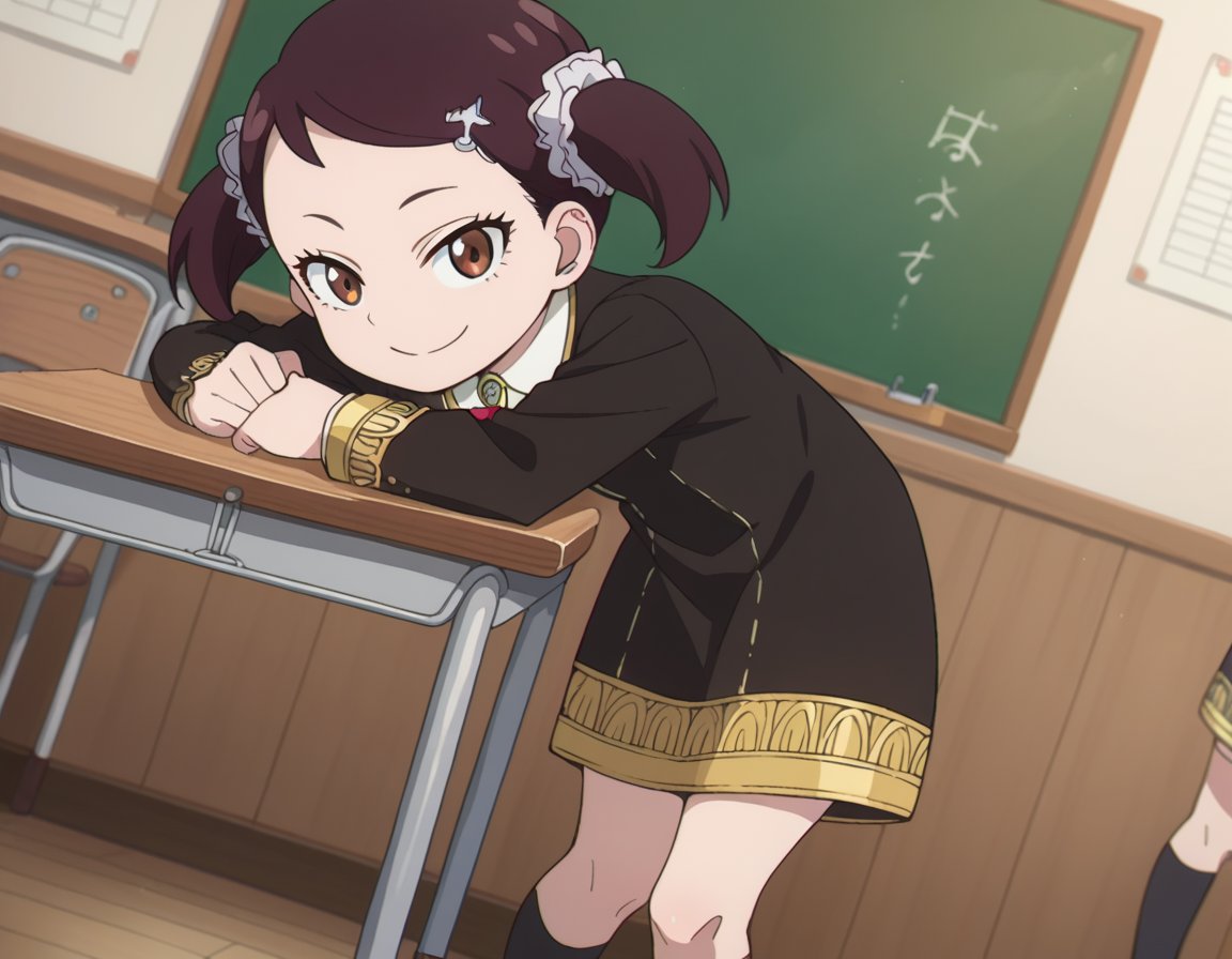 score_9, score_8_up, score_7_up, source_anime,beckyblackbell, <lora:becky-blackbell-s1-ponyxl-lora-nochekaiser:1>becky blackbell, black hair, hair ornament, twintails, hairclip, scrunchie, hair scrunchie, brown eyes,long sleeves, dress, school uniform, socks, black dress, eden academy school uniform,indoors, classroom, smile, bent over,looking at viewer, dutch angle, cowboy shot