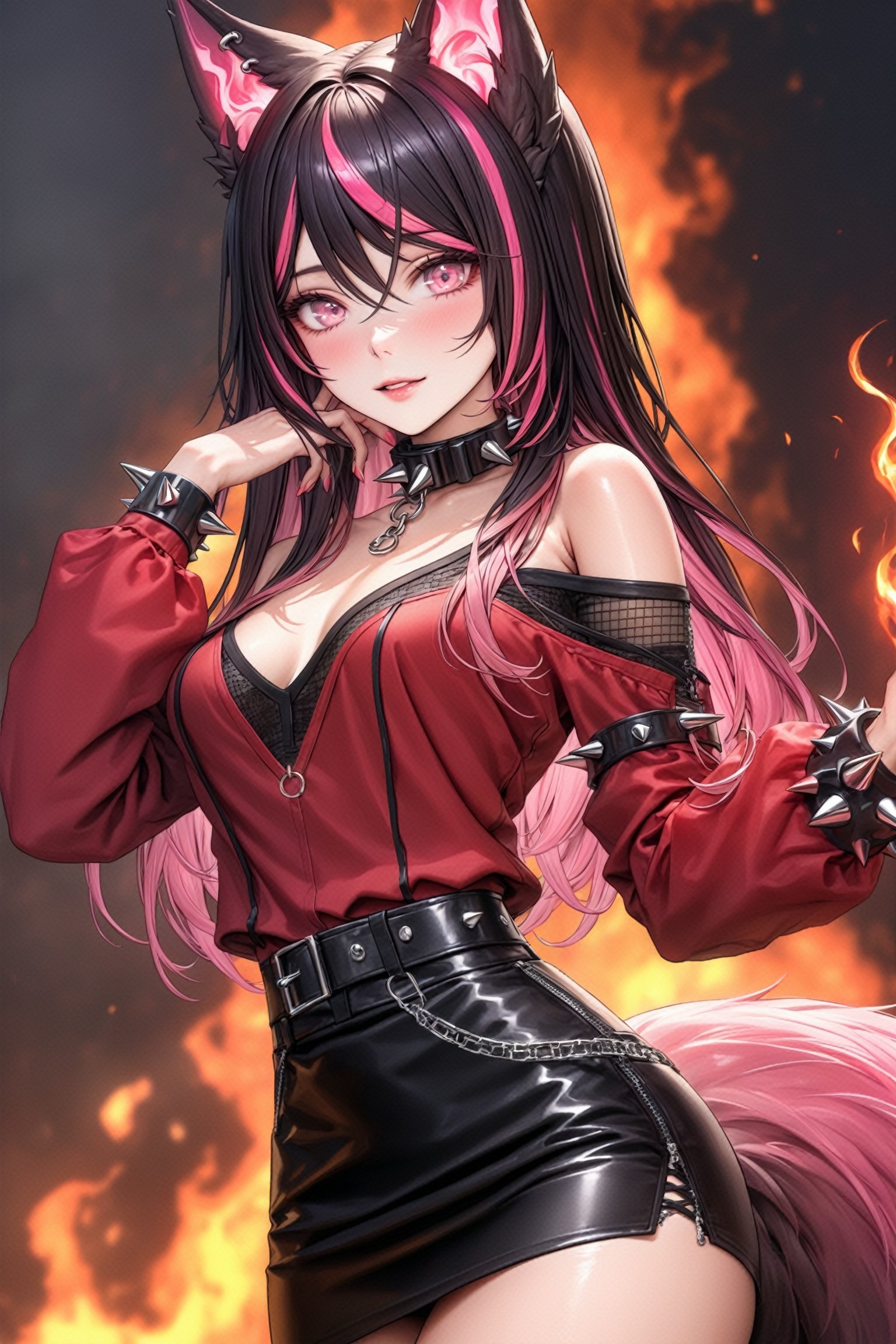 (Masterpiece), mature, HDR,UHD,8K, best quality, Highly detailed, physically-based rendering, extreme detail description, perfect skin, shiny skin, shiny hair,perfect face, hand in face, 1girl, red shirt, bare_shoulders, black-hair, black_skirt, fishnets, animal_ears, pink_eyes, pink_hair, streaked_hair, gradient_hair, long_sleeves, collar, choker, bracelets, spiked collar, spiked bracelet,Sinder, tail, tail ornaments, fire<lora:EMS-388761-EMS:0.100000>, <lora:EMS-407198-EMS:0.800000>, <lora:EMS-335737-EMS:0.600000>