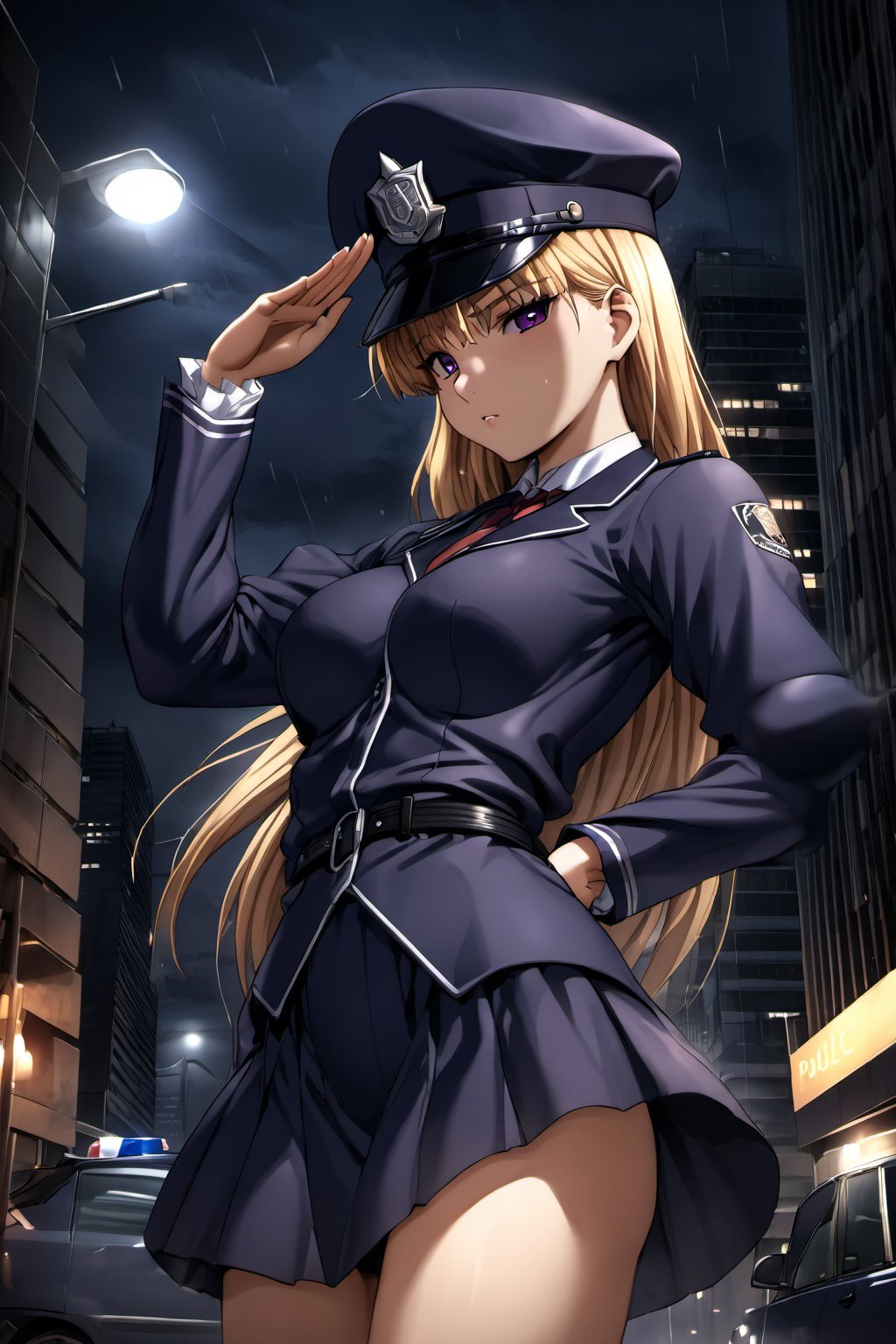 high detailed,very aesthetic,high detailed,very aesthetic, kanzaki asuka, 1girl, blonde hair, purple eyes, A police officer, standing under a dim streetlight, modern skyscrapers background, wearing dark blue uniform, take a selfies, police cap, salute, a shadowy corner, light rain falls, mysterious atmosphere, police car, flashing lights, mist, Cinematic, dramatic lighting, high contrast, wide angle, <lora:kanzaki asuka ghost:0.8>