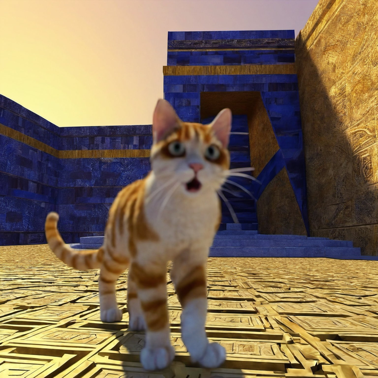 3D Rendering, Luminous trails, Futuristic Injured multiple cats, insane details, 1920'S Ishtar Gate in background, Wide view, Awe, Cubism, Warm lighting, aw0k cat