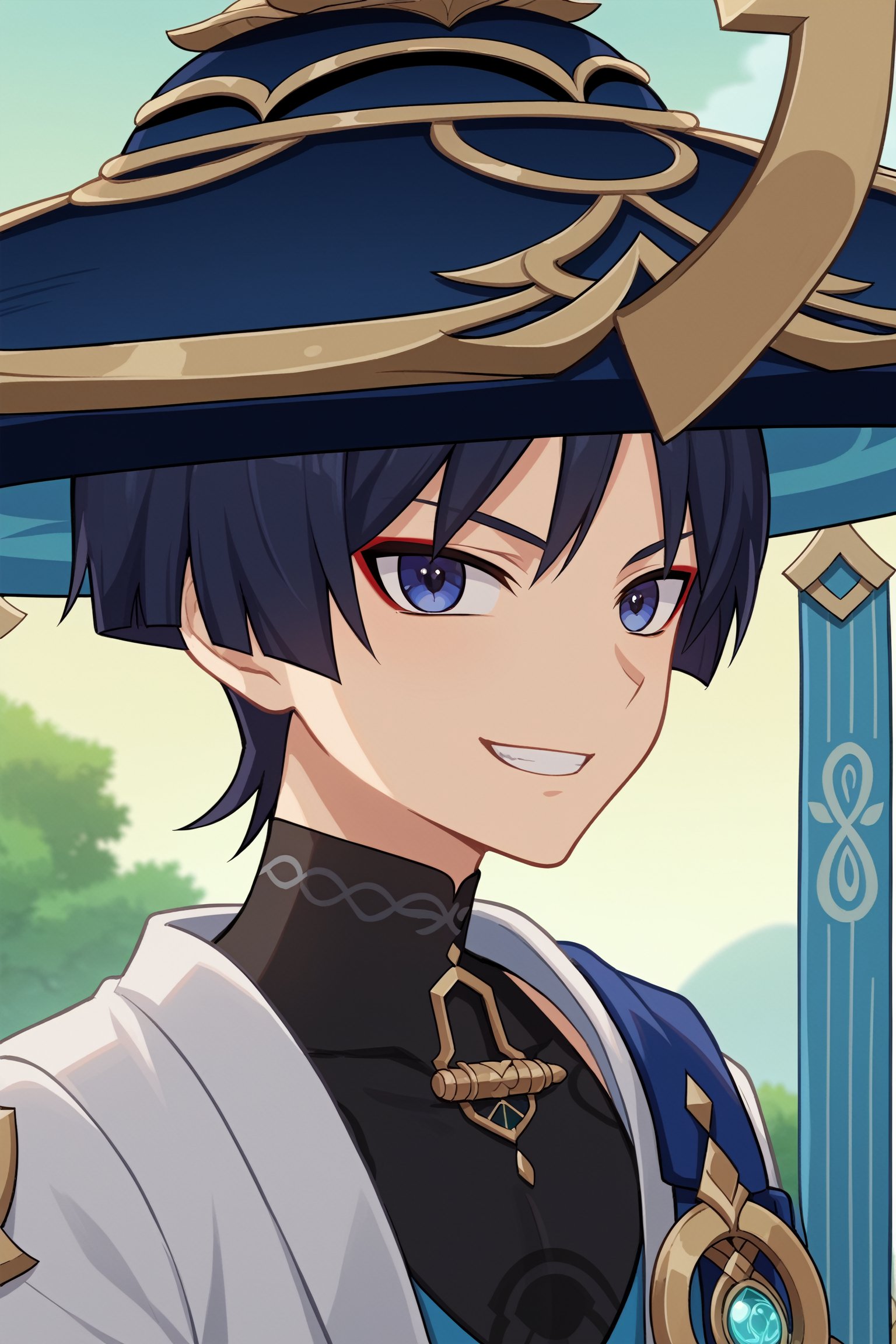 score_9, score_8_up, score_7_up, source_anime, anime screencap, anime coloring, portrait, close-up, depth of field, 1boy, solo, young, bishounen, male focus, slim, toned, wanderer, hat, dark blue hair, blue eyes, red eyeliner, tsurime, seductive grin<lora:EMS-32082-EMS:1.500000>, <lora:EMS-348270-EMS:0.800000>, <lora:EMS-405739-EMS:0.800000>