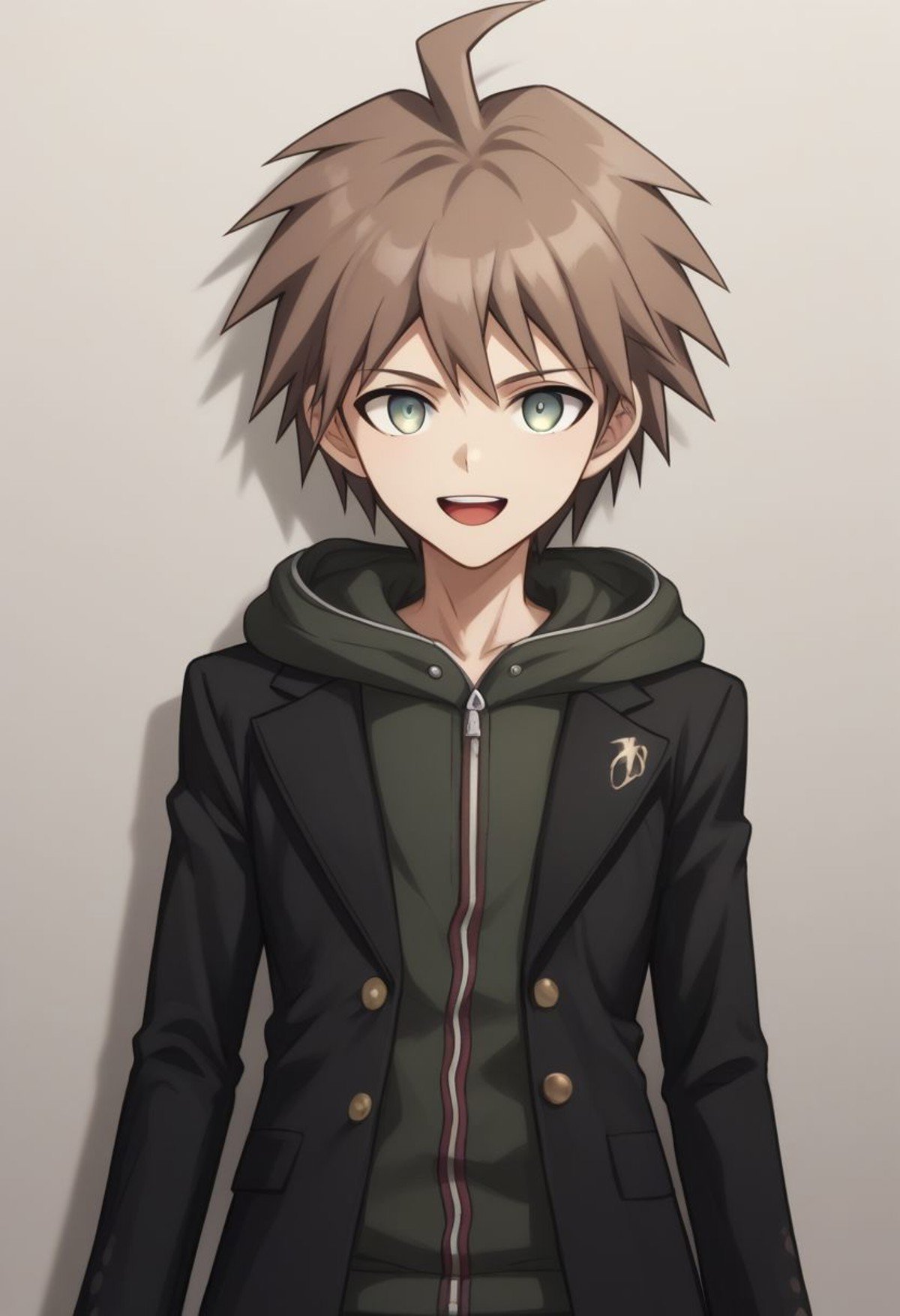 score_9, score_8_up, source_anime, highly detailed, 1boy, solo, skinny,makoto, 1boy, solo, hood, male focus, hoodie, brown hair, open mouth, jacket, ahoge,smile, short hair, bangs, teeth, long sleeves, black jacket, hood down,indoor,