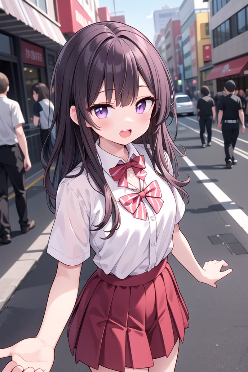 <lora:talkmouth_O_type1_v200:1>insanely detailed, absurdres, ultra-highres, ultra-detailed, best quality,1girl, solo, nice hands, perfect handsBREAKsummer school uniform, (plain dark red skirt with many pleats:1.4), (striped red bowtie:1.3), short sleeves, white shirt, shirt with white button, shirt_tucked_in    BREAK    (breast pocket, vest, blazor, long sleeves, checked skirt, striped skirt, striped shirt, striped sleeves, bra visible through clothes, skirt with frill:-1)BREAK(nsfw:-1.5)BREAKsmile, open mouthBREAKfrom above,standing, cowboy shot, looking at viewerBREAKslender, kawaii, perfect symmetrical face, ultra cute girl, ultra cute face, ultra detailed eyes, ultra detailed hair, ultra cute, ultra beautifulBREAKin street, cityscape in harajuku, depth of field, ultra detailed backgroundBREAKmedium breastsBREAKpurple hair, purple eyes, messy hair, 